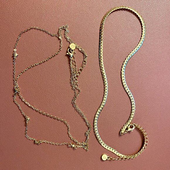 Set of 2 LC Lauren Conrad gold tone necklaces:19in rope + 18in 2-strand, stars - Picture 1 of 8